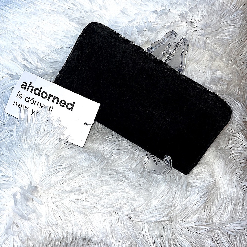 Ahdorned New York Faux Suede Triple Compartment Zip Closure Wallet Black